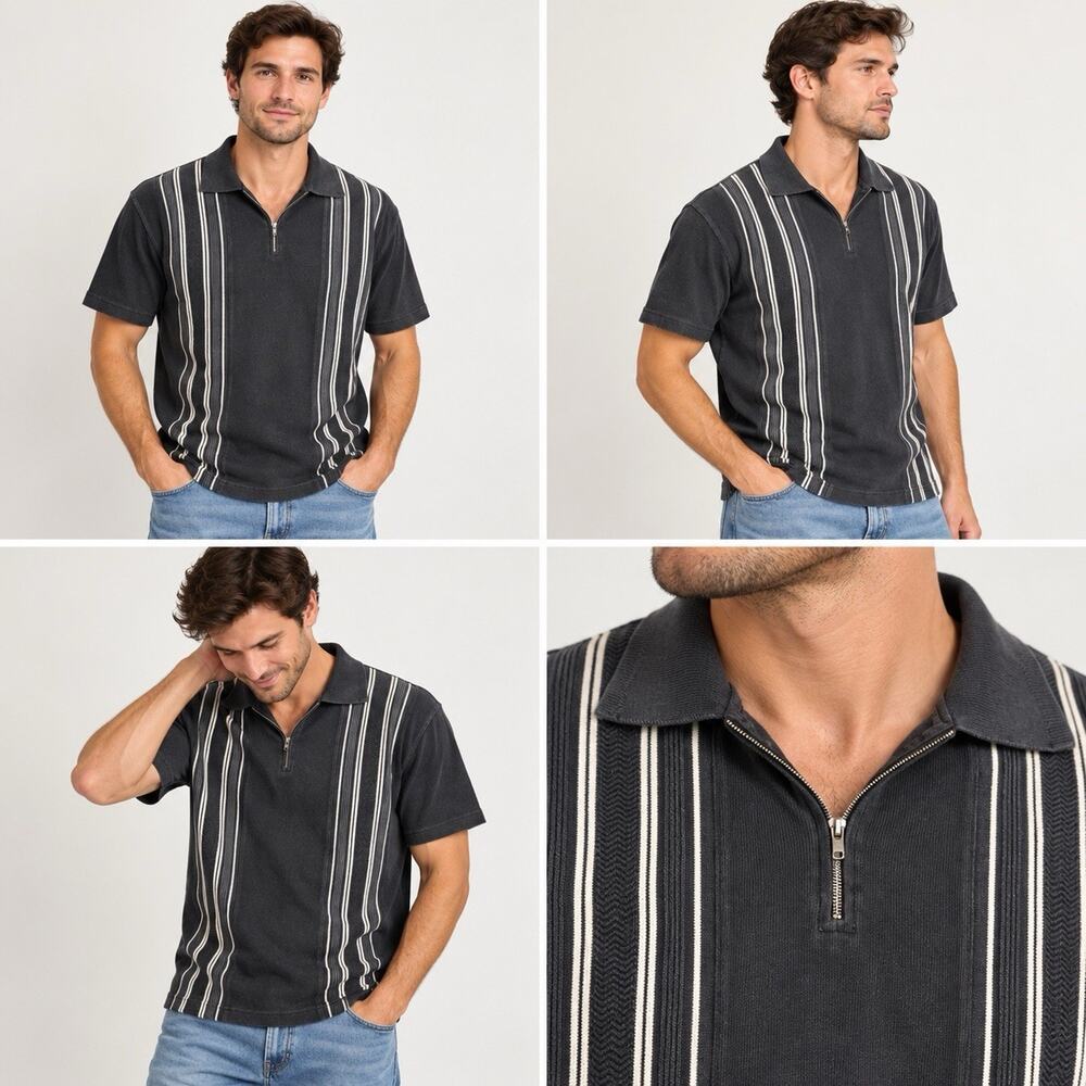 Structure Le Collezioni Polo Shirt Mens M Black Striped Quarter Zip Cotton